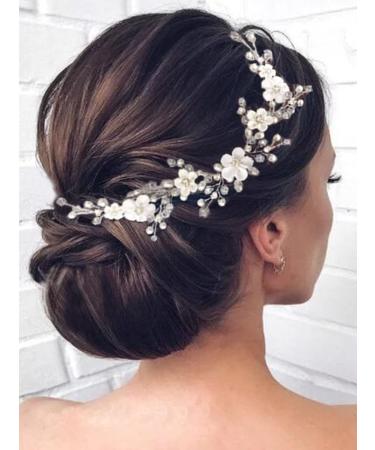 HEREAD Flower Bride Wedding Hair Vine Pearl Bridal Headband Rhinestones Hair Breath Accessories for Women and Girls  (A Silver)