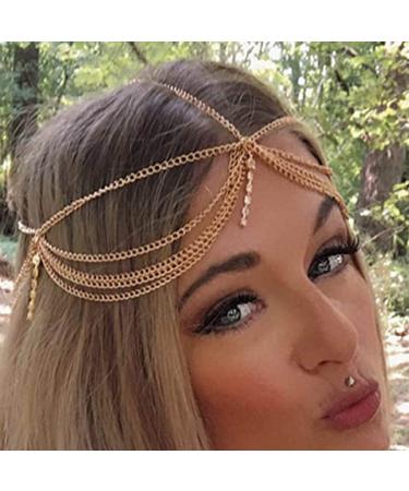 Runmi Bridal Headchain Boho Tassel Headpiece Gold Crystal Hair Piece Wedding Hair Accessories for Women and Girls