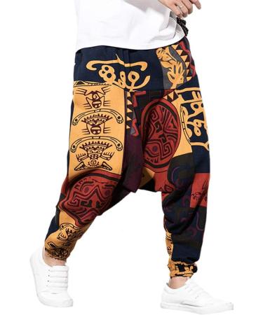 Pejihota Men's Loose Hip-Hop Harem Pants - Linen Bohemian Aladdin Yoga Pants with Pockets | Retro Print & Deep Step Style - Buy Online on SooperMarket.com