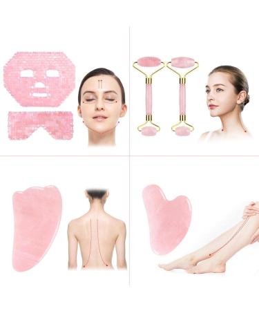 BAYDE Rose Quartz Roller & Gouache Face Eye Mask Set - 6-in-1 Natural Crystal Facial Care Tool for Face Lifting & Anti-Wrinkle - Buy Online on SooperMarket.com