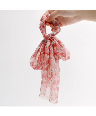 2PCS Floral Hair Scarf with Ribbon Bow for Women and Girls - Silk Long Tails Scrunchy Elastics Ponytail Holder - Buy Online on SooperMarket.com