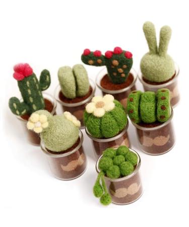 KISSBUTY Full Range of Needle Felting Kit  Cactus Wool Felted Set for Adults and Beginners Including Wool Roving for 8 Succulents  Foam Mat  Glass Pots  Needles  Finger Guards Tools Kit