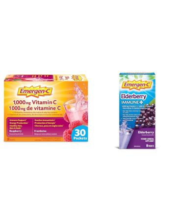 Emergen-C Raspberry (30 Count) 1000mg Vitamin C/Electrolytes/B Vitamins Mineral Supplement & Vitamin C Powder Supplement Drink Mix with Electroyltes Immune Plus Elderberry 18 Packets Vitamin + Supplement