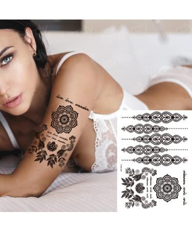 Black Henna Temporary Tattoos Set - Sexy Lace, Indian Mandala, Elephant, Flower Chain Designs - Waterproof Body, Arm, Face Decals for Wedding Party - 6 Sheets - Buy Online on SooperMarket.com
