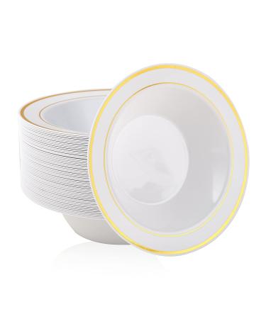 JOLLY PARTY 50PCS Plastic Bowls with Gold Rim-12oz disposable Soup Bowls, Christmas Thanksgiving Premium Dessert Salad Bowls for Wedding/Party