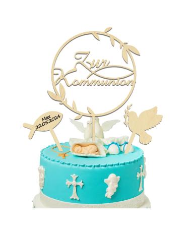 Cake Topper Confirmation Wood Tortendeko Communion Baptism Fish Confirmation Cake Topper First Communion Cake Deco Tortendendeko Party for Young Girls 3PCS-A