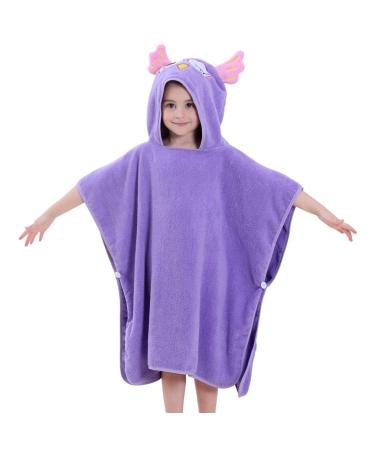 COOKY.D Hooded Bath Beach Swimming Poncho Towel 100% Cotton Bath Robe for 0-6 Years Old 70 x 70cm Purple Owl Purple-owl