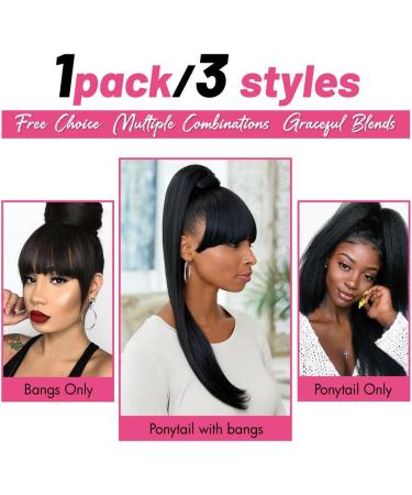 Kinky Straight Ponytail Extension with Bangs for Black Women Yaki Straight Wrap Arpund Pony Tail Hair Clip in Ponytail Extension Magic Paste Natural Looking Hair Hairpiece for Daily Party Use (Black) 20 inches Black - Buy Online on SooperMarket.com