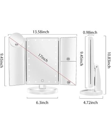 Lighted Trifold Makeup Mirror with 10X Magnification - Touch Control, Dual Power Supply - Portable LED Vanity Mirror for Women - White - Buy Online on SooperMarket.com