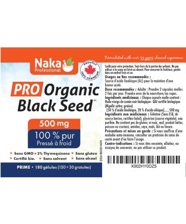 Naka PRO ORGANIC Black Cumin Seed Oil Super BONUS SIZE - 180 Softgels (150 + 30 FREE) 500 mg 100% Cold Pressed with Thymoquinone solvent free alcohol free non Irradiated GMO free - Buy Online on SooperMarket.com
