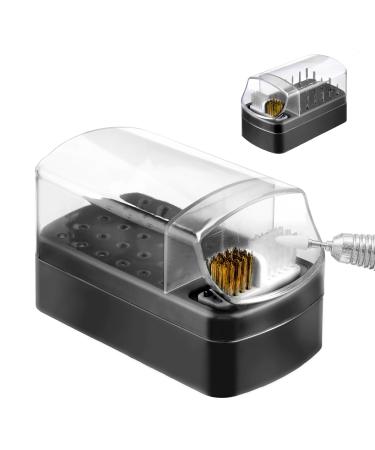 Andibro 2 In 1 Nail Drill Bits Holder 30 Holes Dustproof Nail Bits Organizer Nail Drill Bits Cleaning Brush Case Dustproof Nail Art Drill Bits Stand Display Storage Box Cleaner Manicure Tool (Black)