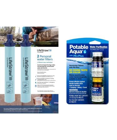 LifeStraw Personal Water Filter for Hiking Camping Travel and Emergency Preparedness 2 Pack Blue & Potable Aqua Water Purification Tablets with PA Plus - Two 50 Count Bottles Blue 2 Pack + Purification Tablets