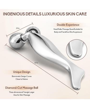 3D Metal Face Roller & Gua Sha - Anti-Aging Face Massager for Puffiness Relief | V-Shaped Skin Care Tool in Silver - Buy Online on SooperMarket.com
