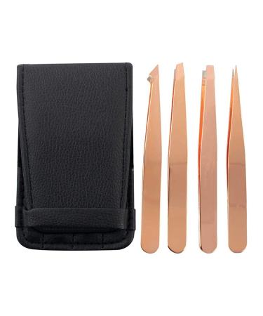 Wresetly 4-Piece Eyebrow Tweezers Set - Pointed & Angled Tweezers with Leather Case - Gold | Perfect for Precision Grooming | International Shipping Available - Buy Online on SooperMarket.com