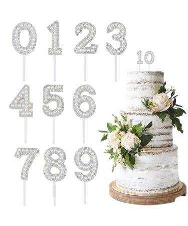 CRASPIRE 10 Sets Number Cake Topper Imitation Pearl Rhinestone 0-9 Number White Birthday Cake Plug in Decorations for Birthday Party Wedding Anniversary Supplies