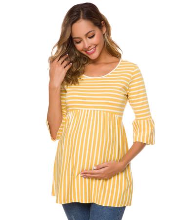 Love2Mi Women Maternity Blouse A Line Pregnancy Shirt 3/4 Bell-Sleeve Striped Maternity Clothes M Yellow Stripe