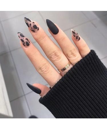 24Pcs Medium Tip Matte Black Frosting Leopard False Nails - Short Press Full Cover Fake Nails for Women and Girls - Buy Online on SooperMarket.com