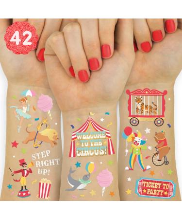 xo  Fetti Circus Party Temporary Tattoos - 42 Gold + Silver Foil Styles | Circus Birthday Party Supplies  Carnival Party Favors  Circus Animals Temp Tats  Clown Arts and Crafts
