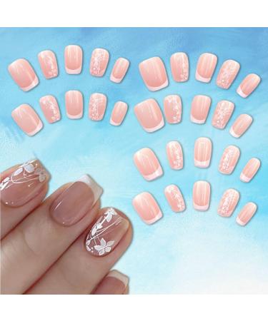 Shop French Tip Press On Nails - Short Square Floral Acrylic Nails for DIY Manicure | 24 Pcs Glossy Glue-On Fake Nails for Women & Girls - Buy Online on SooperMarket.com