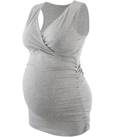 ZUMIY Maternity Nursing Top - Women's Cotton V Neck Ruched Waist Double Layered Tank in Grey - Buy Online on SooperMarket.com