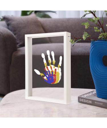 Family Handprint Set Wooden Frame for Crafts Endless Gift Set Non-Toxic Colors Transparent Sheets (White)