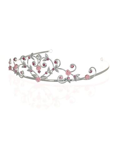 Rose Flower Rhinestone Crystal Wedding Tiara Crown - Pink Roses | Silver Plated - Buy Online on SooperMarket.com
