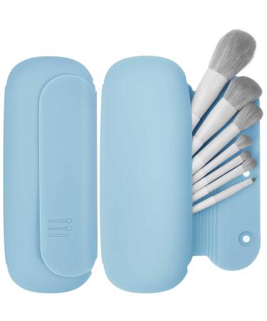 Travel Makeup Brush Holder Silicon Portable Cosmetic Face Brushes Holder with Built-in Brush Cleaner Upgrade Travel Essentials Makeup Brush Case Makeup Tools Organizer for Travel (Sky Blue)
