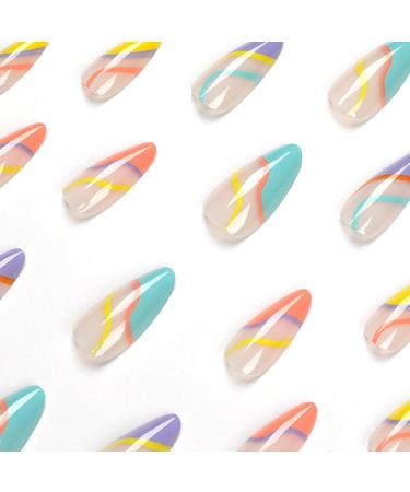 Buy Justotry 24-Piece Multi-Colored Almond & French Artificial Nails | Press-On Acrylic Fingernails for Women - Rainbow Swirl Design - Buy Online on SooperMarket.com