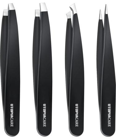 Utopia Care - Professional Stainless Steel Tweezers Set (4-Piece)  Precision Tweezers for Ingrown Hair, Facial Hair, Splinter, Blackhead and Tick Remover (Black)