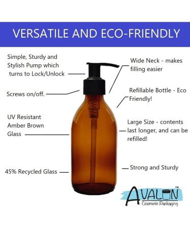 Avalon Amber Glass Bottles 250ml 8oz Soap Dispenser with Black Pumps (BPA-Free) Lotion Pump/Soap Dispensers Reusable Refillable Eco Friendly Sustainable Living/Gift - Pack of 2 - Buy Online on SooperMarket.com