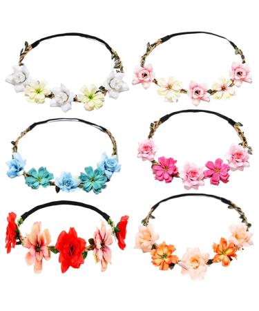6 pieces Daisy Blumen Headband Hilloly Bohemia Girls Flowers Flower Wreath Headband with adjustable elastic band Floral Garland forehead straps for women girls Festival Wedding Party Party