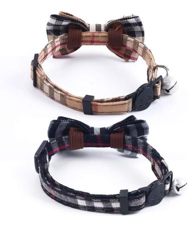SuperBuddy Cute Bow Bell Cat Collar - 2 Pack Plaid Kitten Collar with Removable Bowtie for Cats Kittens - Brown-Black - Buy Online on SooperMarket.com