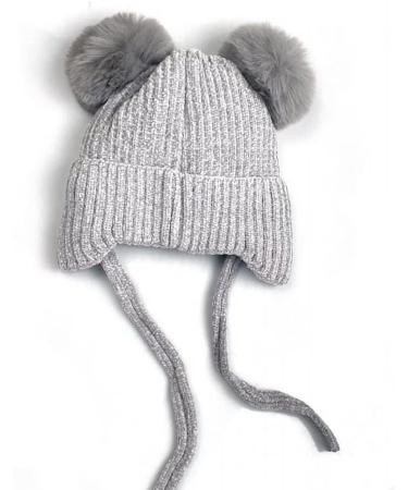 Cute Bear Kids Winter Hat | Dual Pom-Pom Chenille Knitted Warm Hat for Boys & Girls | Fleece Lined Earflap Cap for Toddlers 1-5 Years - Grey - Buy Online on SooperMarket.com