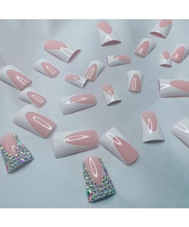 Buy French Tip Press on Nails - Medium Square Glossy Pink & White Duckbill Design - Reusable Rhinestone Fake Nails | Cute Duck Feet Full Cover Acrylics - Buy Online on SooperMarket.com