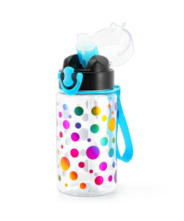 Cute Water Bottle with Straw for Kids Girls Boys  BPA Free Tritan & Pretty Foil Print & Leak Proof One Click Open Flip Top & Soft Silicone Sipper & Easy Clean & Soft Carry Loop  15oz / 450ml (Dot)