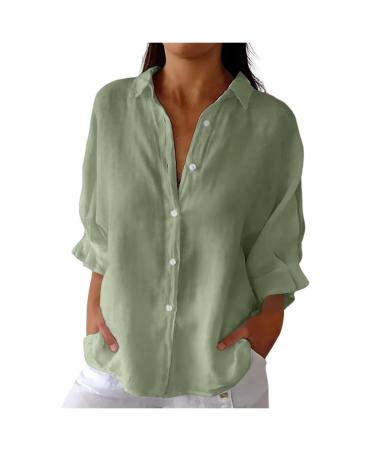 Summer Linen Tops for Women Sale Clearance Summer Tees Long Sleeve Half Sleeve V-Neck Cotton and Linen Loose Shirt Blouses Ladies Tshirt Casual Flowy Beach T-Shirt Tops 3200-qppoj-e-green XL