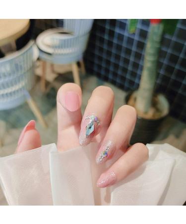Sethexy glossy oval long false nails light rhinestone pink full cover 24st sparkle acrylic fingernails for women and girls