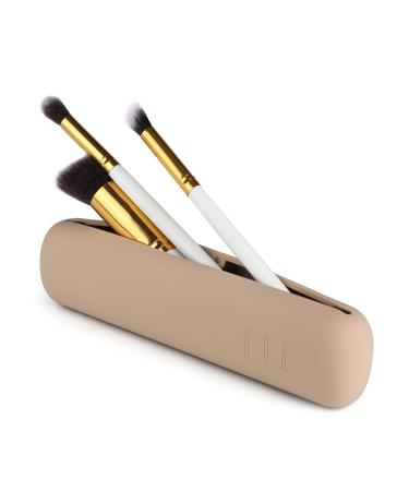 FERYES Makeup Brush Holder, Magnetic Closure Silicon Portable Cosmetic Face Brushes Holder, Soft and Sleek Makeup Tools Organizer for Travel- Khaki