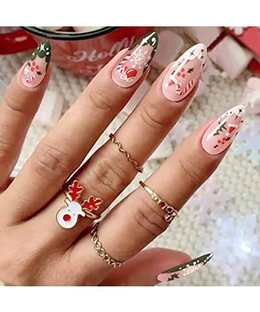 Vatocu Christmas False Nails Short Red Press on Nails Snowflakes Elk Fake Nails Snowman Acrylic Stick on Nails for Women and Girls(24pcs)