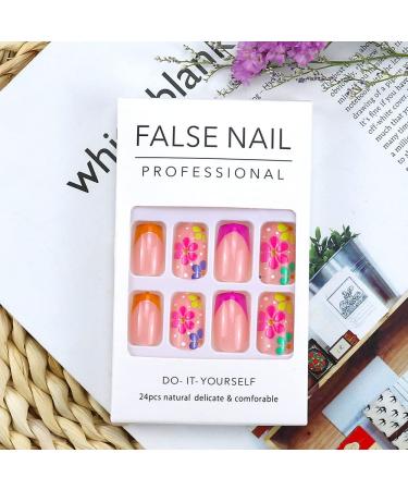 Spring Flower Press on Nails - Medium Square Glossy Fake Nails with Colorful Daisy Pattern - 24Pcs Full Cover Stick on Nails for Nail Art Decorations - Buy Online on SooperMarket.com