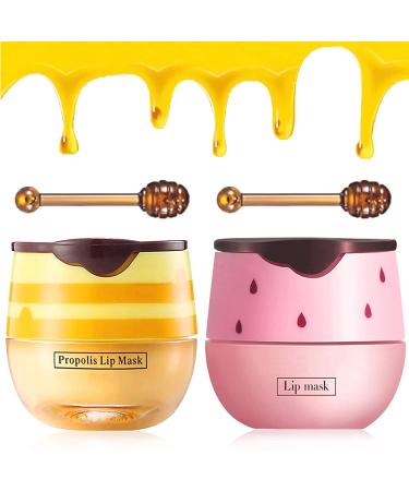2PCS Bee Balm Honey & Strawberry Lip Balm  Exfoliating Honey Pot Lip Balm Sleeping Lip Mask with Brush  Hydrating & Prevention Dry and Cracked  Lip Scrubs Exfoliator & Moisturizer (Yellow+Pink) Pink+Yellow