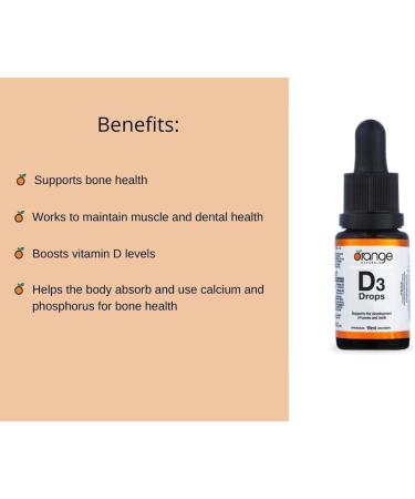Orange Naturals - Vitamin D3 Drops - Natural Orange Flavour - MCT 1000IU 15ml - Support Bone Health Teeth Reduce Osteoporosis Maintain Muscle Enhanced Absorption & Prevent D Deficiency Cholecalciferol - Buy Online on SooperMarket.com