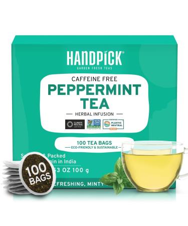 HANDPICK Peppermint Tea Bags (100 Count) Non-GMO 100% Pure Peppermint Herbal Tea Bags - Minty Fresh & Cool flavor | Premium Round Eco-conscious Tea Bags Peppermint Tea 100 Count (Pack of 1)