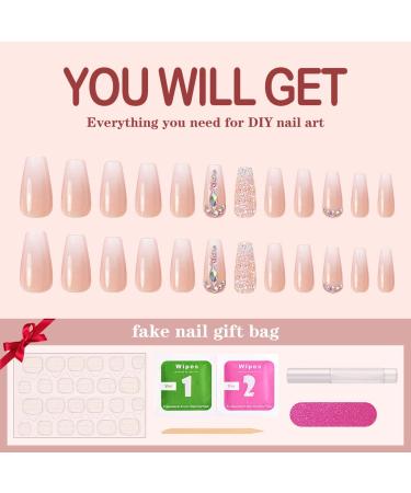 Yivaiks 24pcs Handmade Glitter Gradient Pink Press on Nails with Crystal Gem Design - Medium Length Ballerina Coffin Fake Nails for Banquets and Parties | Jelly Glue Acrylic Nails (GD-004) - Buy Online on SooperMarket.com