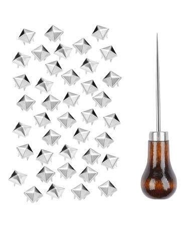 TUZAZO 500 Pieces 10 mm Square Pyramid Studs for Clothing Bag Leather Shoes Punk Rock Jewelry Craft  4 Prong Metal Nailhead Studs Spikes Accessories with Awl (Silver)