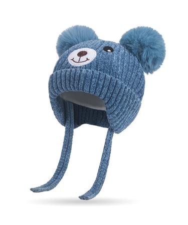 Cute Bear Kids Winter Hat with Ear Flaps 1-5 Years Dual Pom-Pom Chenille Knitted Warm Hat for Baby Girls Boys Fleece Lined Warm Earflap Cap with Strap Toddler Cold Weather Furry Warm Beanie Hat Blue One Size Blue