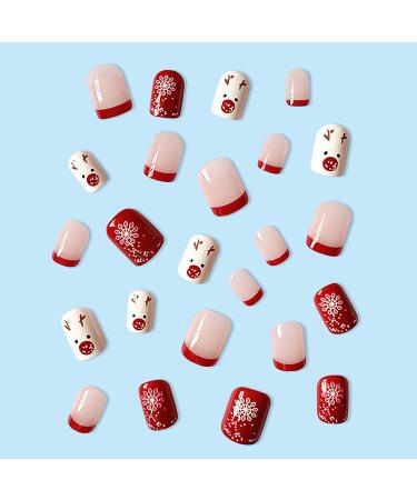 Christmas Short Square French Tip Press On Nails - Red Elk Snowflake Design - Winter Xmas Nail Art for Women - Style 2 - Buy Online on SooperMarket.com