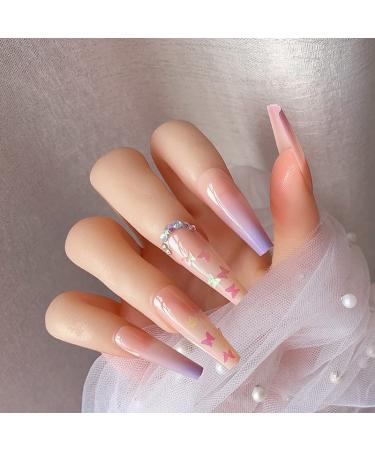 Long Coffin Press on Nails 3 Pack (72 PCS) with Glue Sticker and File - Full Cover Fake Nails for Women, Girls, Teens - Purple Pink Blue Ballet False Nails - Buy Online on SooperMarket.com