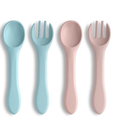 Vicloon Baby Fork and Spoon Set 4 Pcs Silicone Baby Feeding Training Spoon Self-Feeding Weaning Spoons Forks Training Feeding for Kids Toddlers Children and Infants 4pcs-blue/Pink