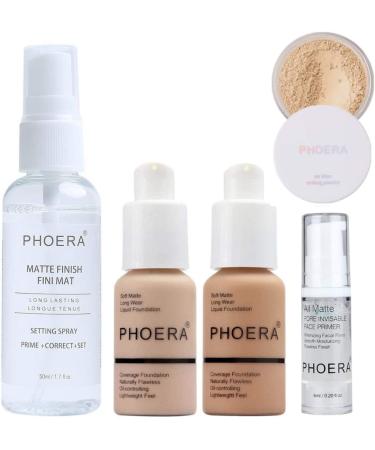 Phoera Cover Make Up Foundation Set - Contains Nude & Buff Beige 30ml Matte Airbrush Foundation 6ml Make Up Primer Face Cool Beige Setting Powder & 50ml Setting Spray For a Matt Finish